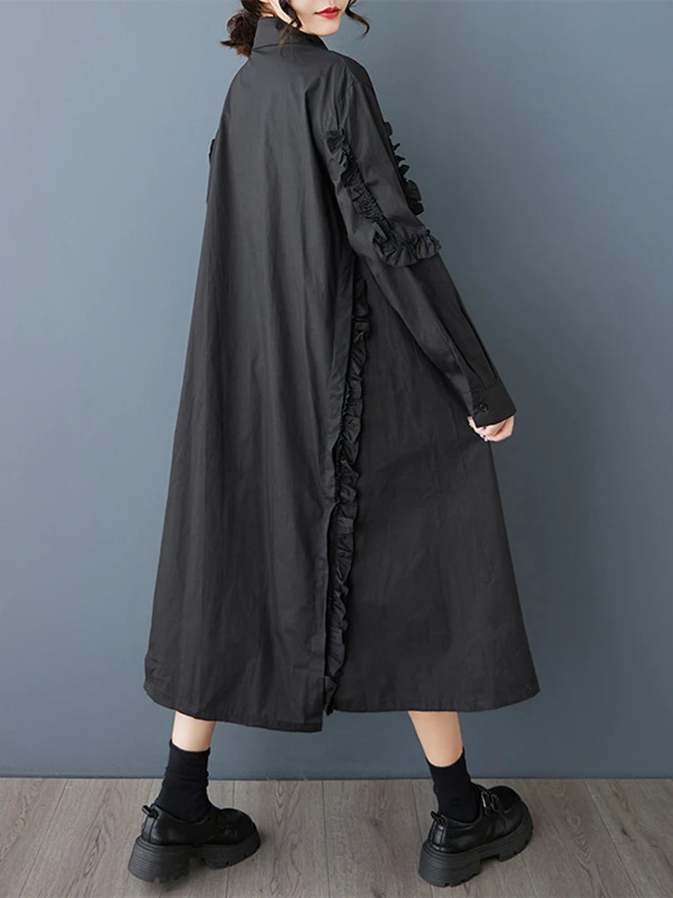 XITAO Edible Tree Fungus Patchwork Asymmetrical Dress Solid Color Single Breasted Turn-down Collar Loose Shirt Dress GYX1513