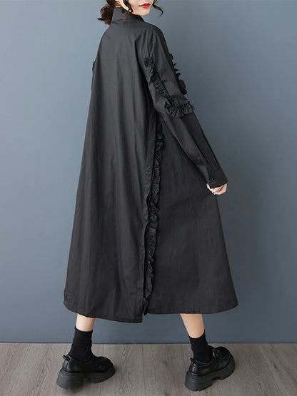 XITAO Edible Tree Fungus Patchwork Asymmetrical Dress Solid Color Single Breasted Turn-down Collar Loose Shirt Dress GYX1513
