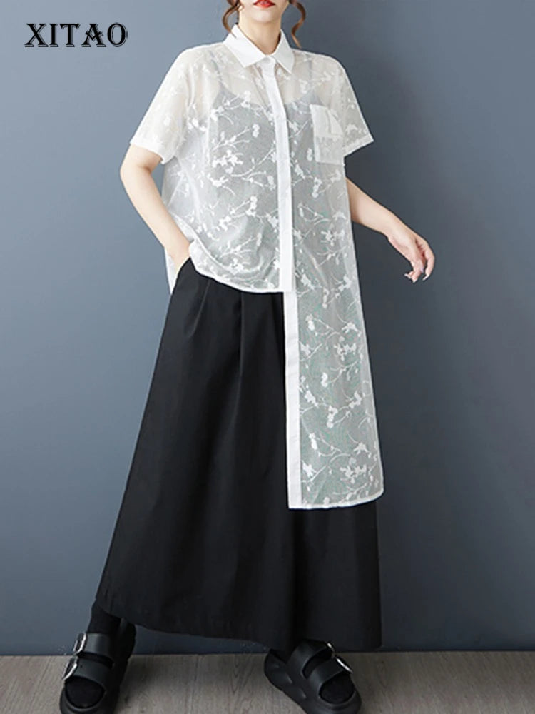 XITAO Asymmetrical Turn-down Collar Dress Single Breasted Solid Color A-line Patchwork Mesh New Summer Women Dress ZMY1360