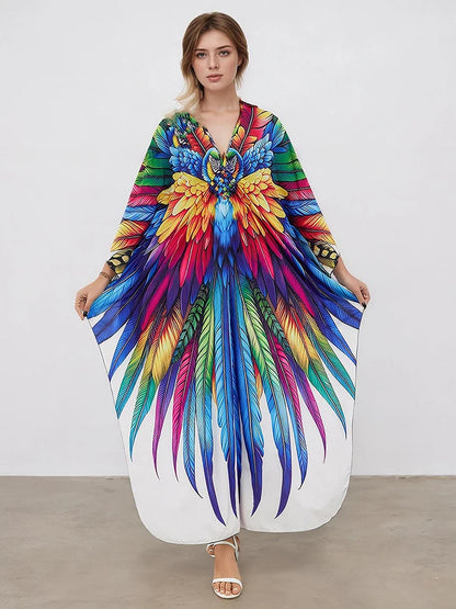 XITAO Feather Print Pullover Loose Dress Bat Wing Sleeve V-neck Vintage Side Slit A-line Casual Summer Woman Trend Dress GJ1176