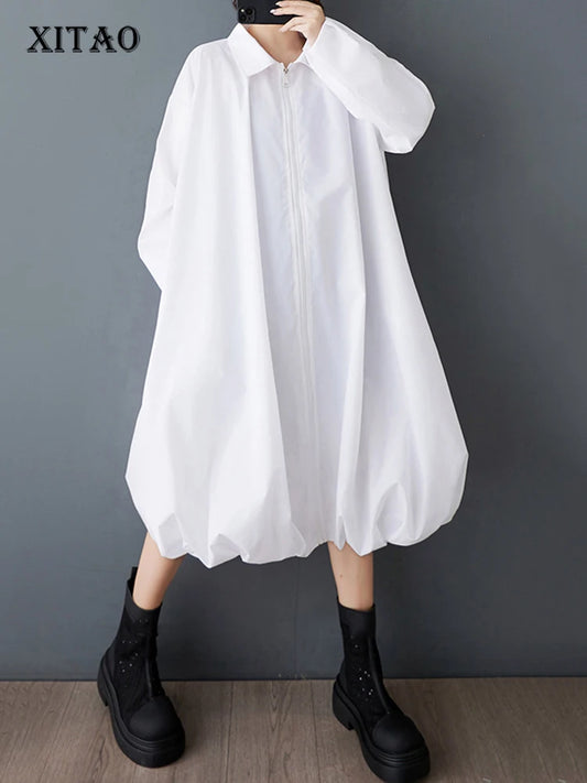 XITAO Loose Vintage Zipper Dress Simple Solid Color Long Sleeve Women Personality Hem Casual Turn-down Collar Dress ZMY1056