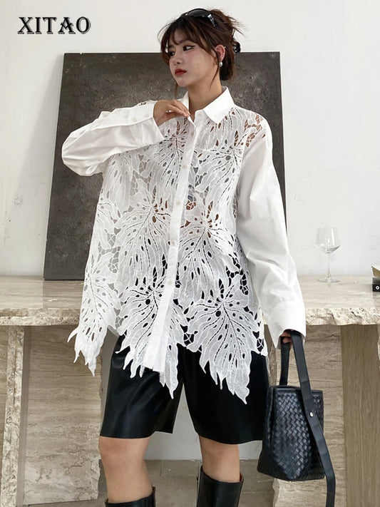 XITAO Irregular Patchwork Hollow Out Shirt Loose Asymmetric Long Sleeve Turn-down Collar Women Slimming Temperament Top GYX1613