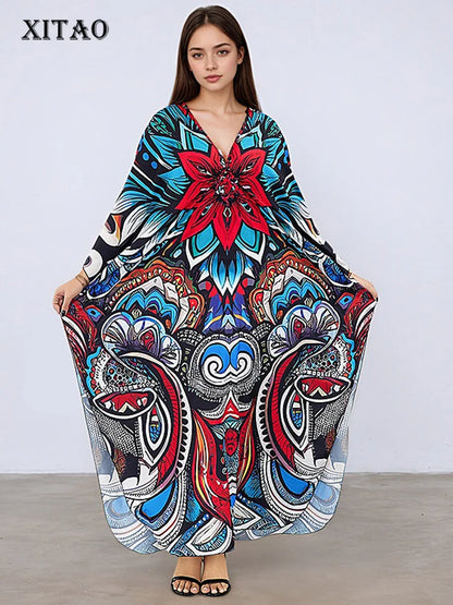 XITAO Flower Print Female Dress Full Sleeve Loose Casual Ankle-length Pullover Personality Slimming Summer Woman Dress GJ1159