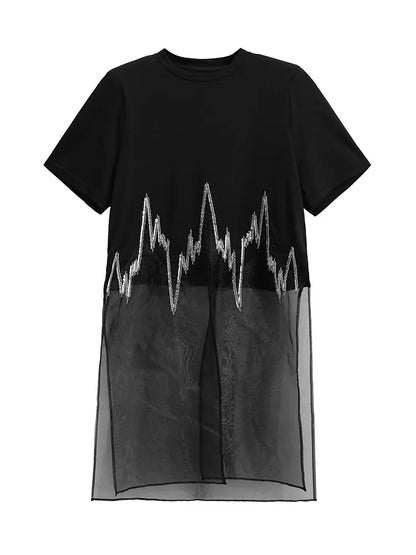XITAO Patchwork Sequin Loose Dress Side Slit O-neck Short Sleeve Personality Perspective New Arrival Summer Woman Dress ZMY1324