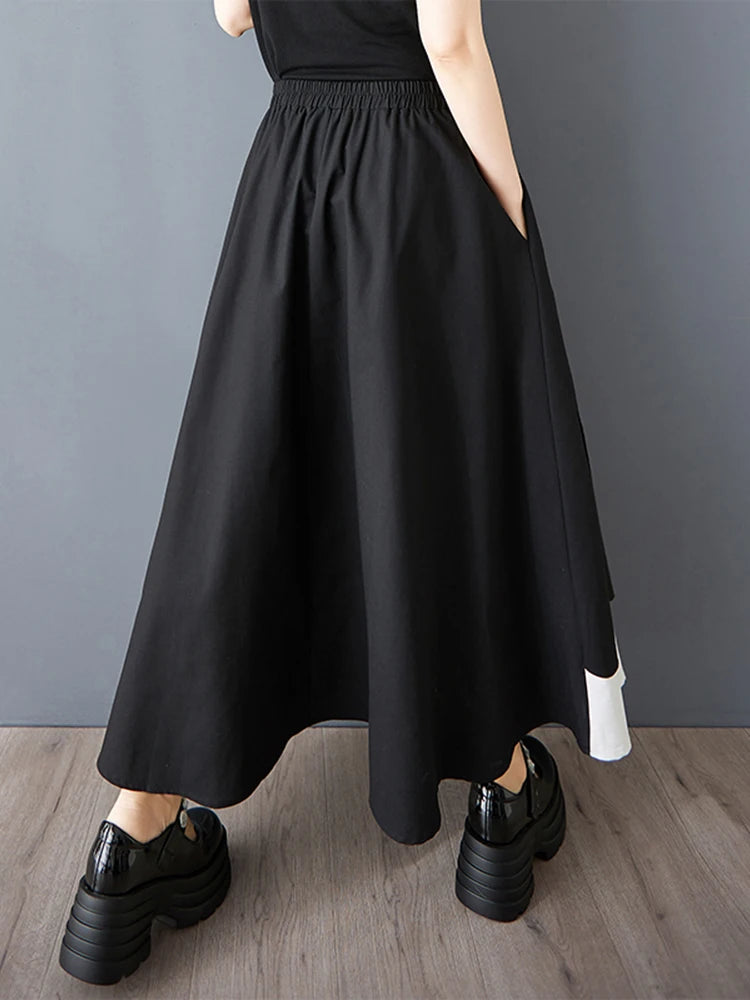 XITAO Patchwork Elastic Waist Female Skirt Casual A-line Loose Hollow Out Fitting Korea Mid-calf Spring Women Skirt GYX1550