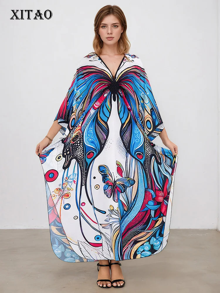XITAO A-line Bat Wing Sleeve Print Dress Contrast Color Fashion Loose V-neck Vintage Slimming Casual Summer Woman Dress  GJ1170