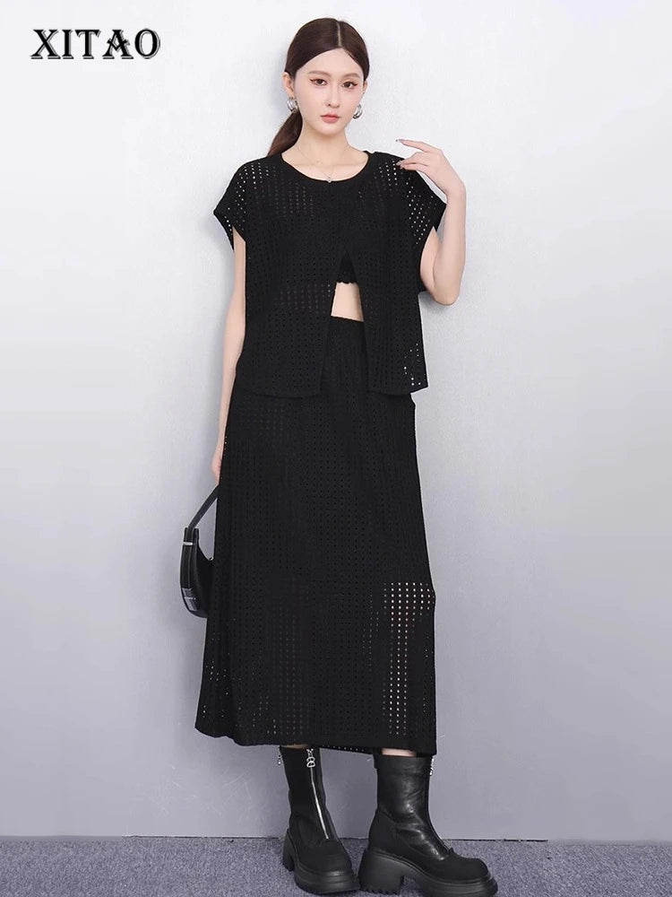 XITAO Irregular Sleeveless Loose Set Solid Color Casual Hollow Out O-neck Temperament Simple Summer Woman Two-piece Sets ZMY1292