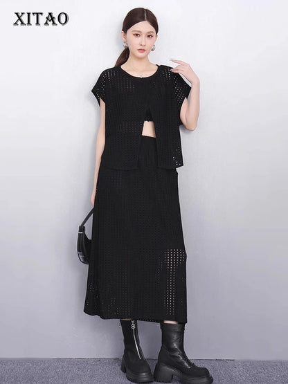 XITAO Irregular Sleeveless Loose Set Solid Color Casual Hollow Out O-neck Temperament Simple Summer Woman Two-piece Sets ZMY1292