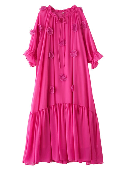XITAO Three-dimensional Decoration Flower Dress O-neck Bandage Patchwork Solid Color Temperament Slim All Match Dress ZMY1356