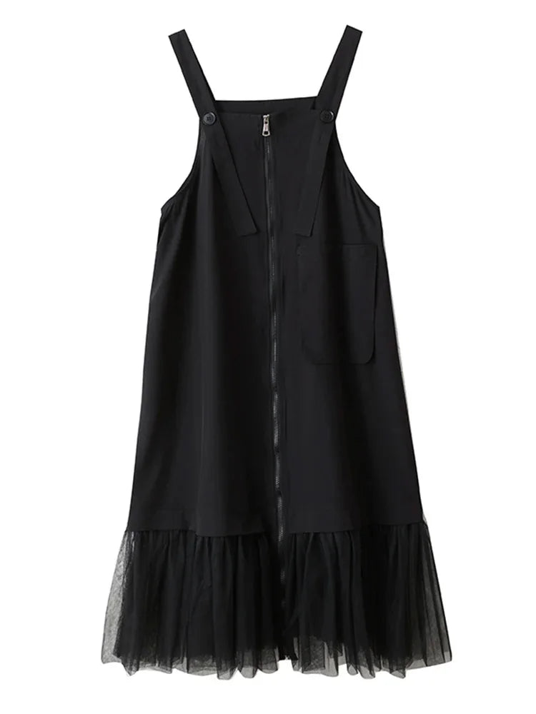 XITAO Zipper Pleated Gauze Dress Pocket Sleeveless Loose Vintage Temperament Patchwork Solid Color Summer Woman Dress ZMY1336