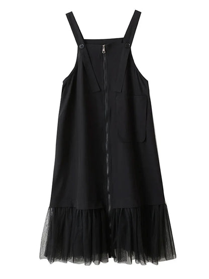 XITAO Zipper Pleated Gauze Dress Pocket Sleeveless Loose Vintage Temperament Patchwork Solid Color Summer Woman Dress ZMY1336