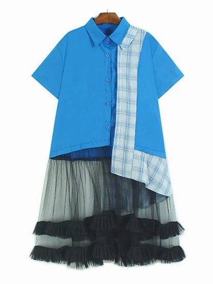 XITAO Gauze Irregular Contrast Color Dress Patchwork Turn-down Collar Single Breasted Casual Loose Summer Woman Dress ZMY1395