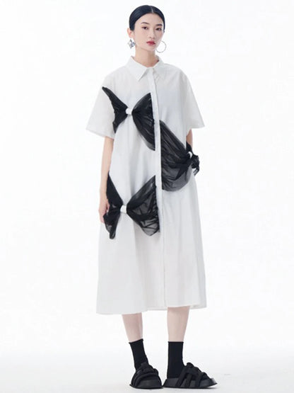 XITAO Patchwork Bow Mesh Female Shirt Dress Casual Simple Single Breasted Women Loose A-line Personality Street Dress HQQ2443