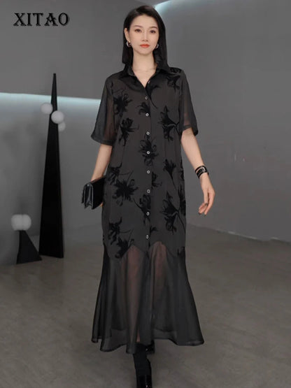 XITAO Vintage Patchwork Mesh Dress Loose Slimming A-line Women Summer Casual Single Breasted Temperament Shirt Dress ZMY1247