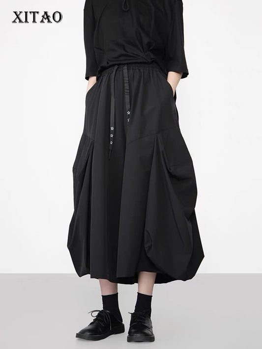 XITAO Solid Color Pleated Elastic Waist Pants Pocket Patchwork All Match Slimming Casual Fashion Loose Ankle-length Pants ZY8944