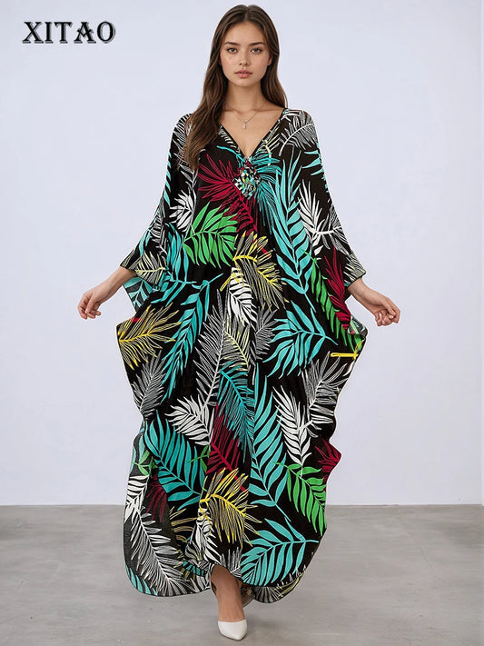 XITAO Batwing Sleeve Patchwork Print Contrast Color Dress V-neck Pullover Side Split Loose Casual Slimming Summer Dress GJ1146