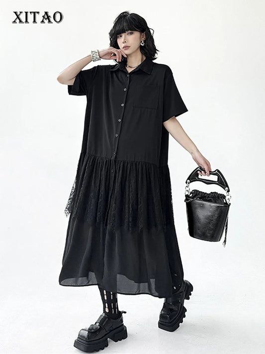 XITAO Lace Patchwork Gauze Single Breasted Dress Solid Color Turn-down Collar Short Sleeve Loose Women Slimming Dress ZMY1249