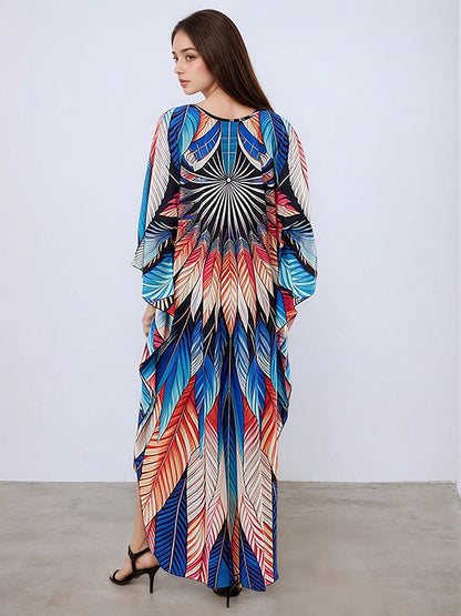 XITAO Contrast Color Print Patchwork Batwing Sleeve Dress Pullover Loose Slimming Casual Ankle-length Summer Women Dress GJ1142