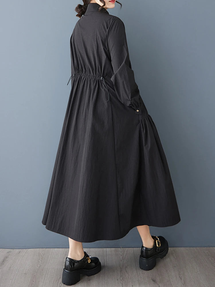 XITAO Single Breasted Pocket Dress Solid Color Turn-down Collar Patchwork Long Sleeve Loose Slimming Temperament Dress GYX1511