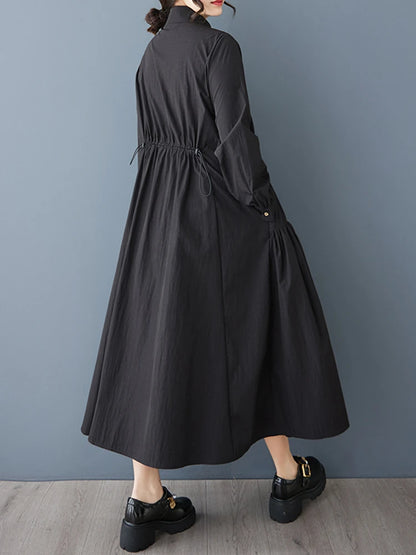 XITAO Single Breasted Pocket Dress Solid Color Turn-down Collar Patchwork Long Sleeve Loose Slimming Temperament Dress GYX1511