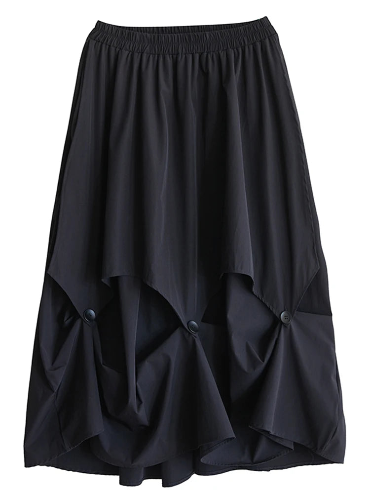 XITAO Patchwork Bud Button Elastic Waist Skirt Casual Loose Fitting A-line Personality Solid Color Summer Women Skirt  ZMY1070