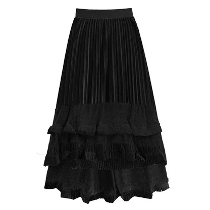 XITAO Asymmetrical Fold Patchwork Skirts Elastic Waist Solid Color A-line Loose Vintage Slimming Temperament Skirt GYX1517