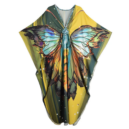 XITAO Butterfly Print Batwing Sleeve Pullover Dress Contrast Color V-neck Loose Temperament Ankle-length Women Dress GJ1144