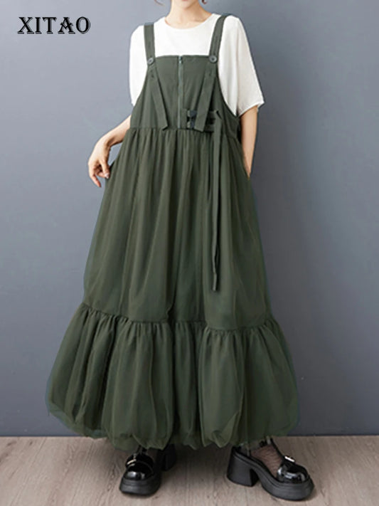 XITAO Patchwork Gauze Pleated Dress Solid Color Casual Sleeveless Loose Zipper Summer Woman Shoulder Strap Dress GYX1652