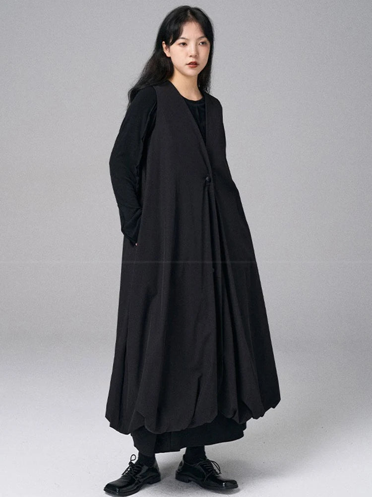 XITAO V-neck Single Breasted Dress Sleeveless Casual Solid Color A-line Leisure Fashion Elegant New Arrival Spring Dress HQQ2450