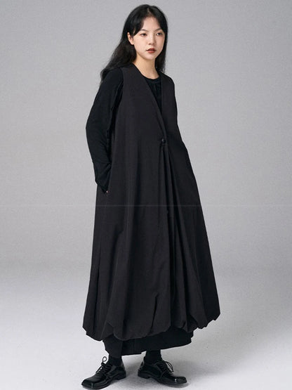 XITAO V-neck Single Breasted Dress Sleeveless Casual Solid Color A-line Leisure Fashion Elegant New Arrival Spring Dress HQQ2450