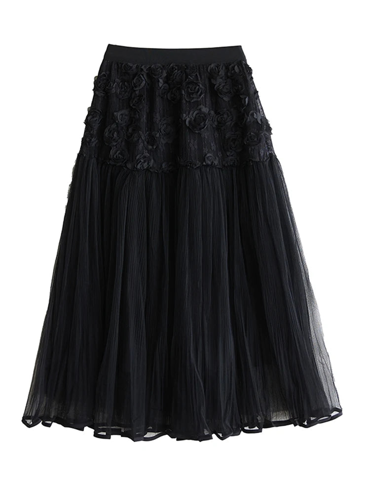 XITAO Three-dimensional Decoration Flower Gauze Skirt Elastic Waist Patchwork A-line Loose Slimming Temperament Skirt ZMY1066
