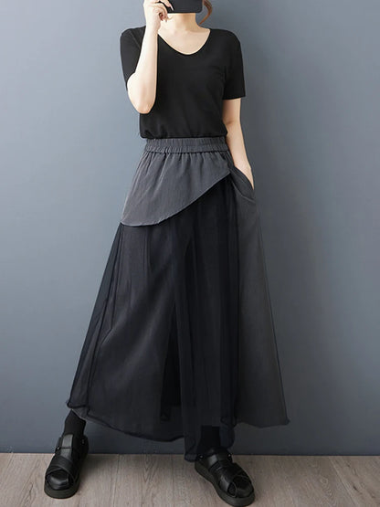 XITAO Patchwork Mesh Elastic Waist Female Pant Casual Loose Fitting New Arrival Wide Legs Fashion Summer Women Pant ZMY1321