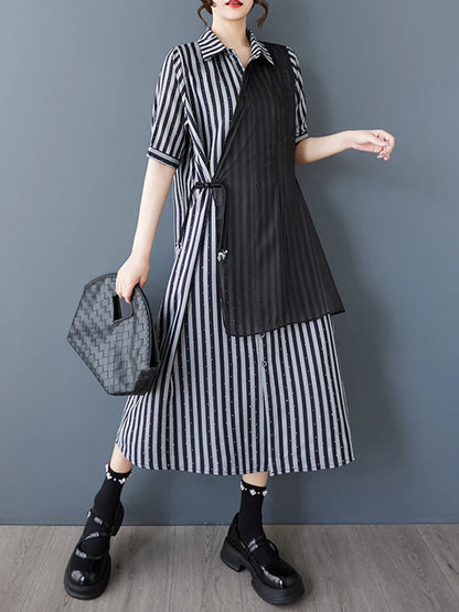 XITAO Striped Sequined Patchwork Female Dress Loose Turn-down Collar Asymmetrical Personality Summer Woman Shirt Dress ZMY1241