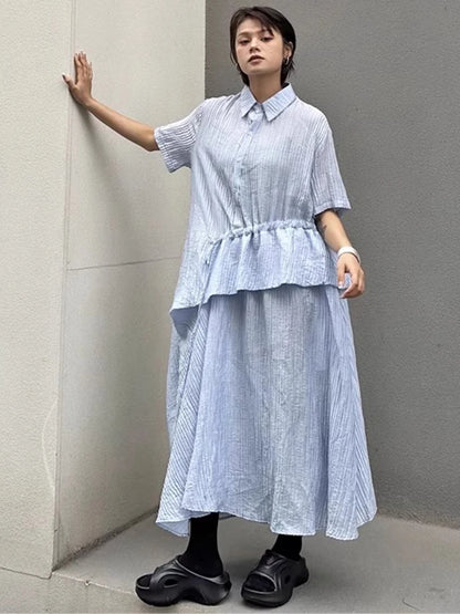 XITAO Irregular Striped Drawstring Dress Turn-down Collar Loose Casual Short Sleeve Personality Summer Woman Dress HQQ2490