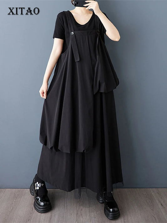 XITAO Irregular Patchwork Dress Simple All-match Temperament Women Solid Color Slimming Elegant Suspenders Dress HQQ2461