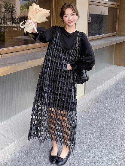 XITAO Hollow Out Full Sleeve Female Dress Casual Loose Fitting Two Pieces O-neck Pullover New Arrival Spring Women Dress ZMY1185
