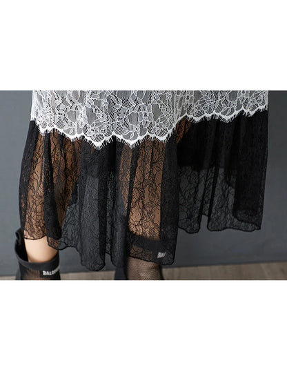 XITAO Gauze Patchwork Lace Contrast Color Pullover Dress O-neck Short Sleeve Loose A-line Mid-calf Casual T-shirt Dress HQQ2474