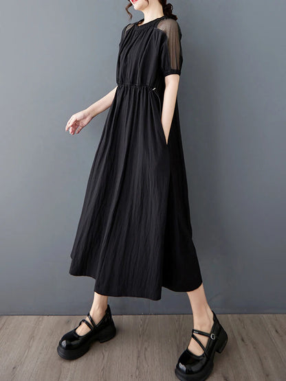 XITAO O-neck Short Sleeve Patchwork Dress Loose Simple Temperament Drawstring Women Solid Color Vintage Summer Dress ZMY1215
