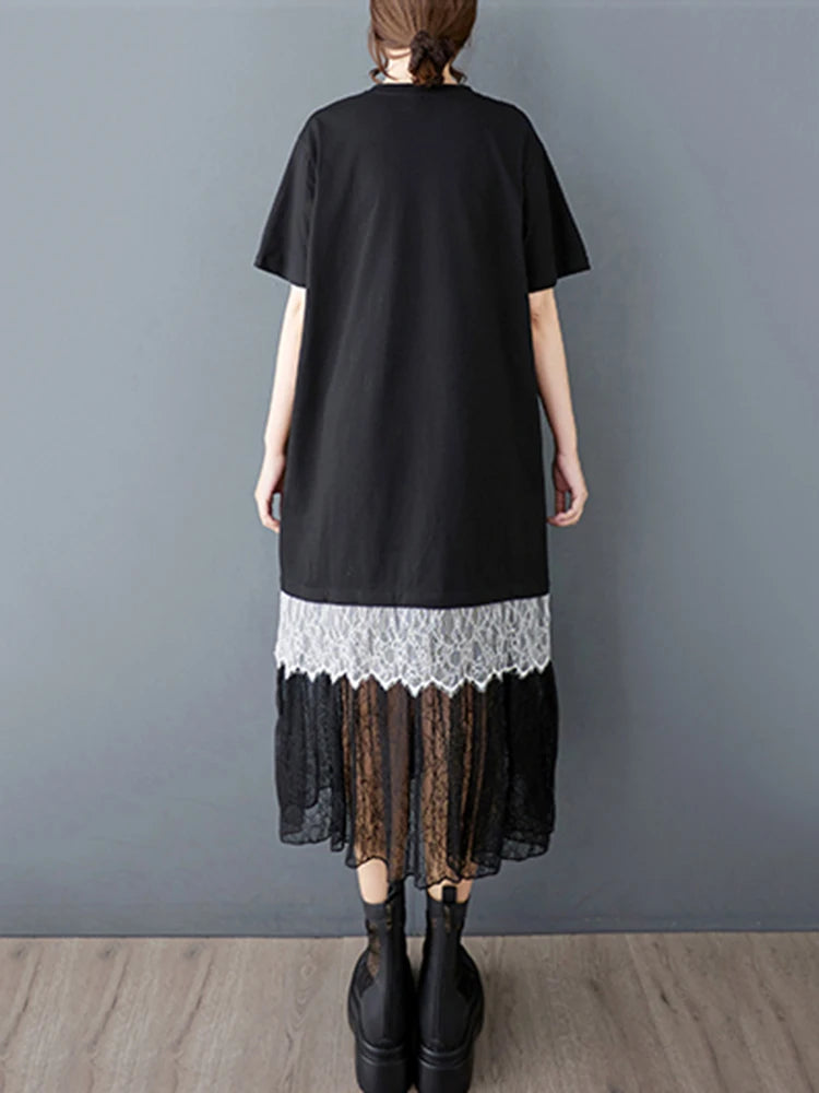 XITAO Gauze Patchwork Lace Contrast Color Pullover Dress O-neck Short Sleeve Loose A-line Mid-calf Casual T-shirt Dress HQQ2474