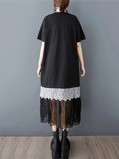 XITAO Gauze Patchwork Lace Contrast Color Pullover Dress O-neck Short Sleeve Loose A-line Mid-calf Casual T-shirt Dress HQQ2474