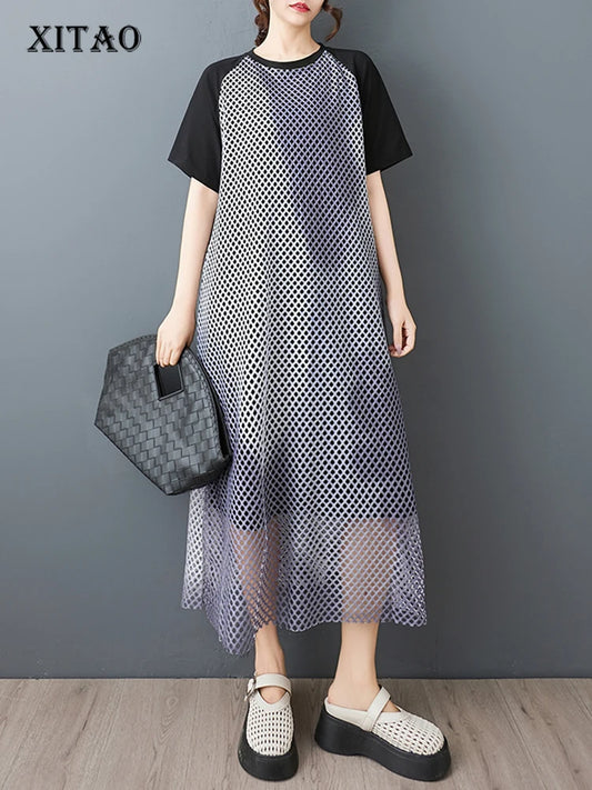 XITAO Patchwork Contrast Color Female Dress Mesh Hollow Out O-neck Short Sleeve Temperament Loose Summer Woman Dress ZMY1258