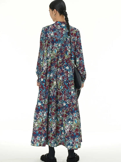 XITAO Personality Vintage Print Dress Loose Slimming Elegant Pullover Stand Collar Long Sleeve Patchwork Women Dress DMJ3563