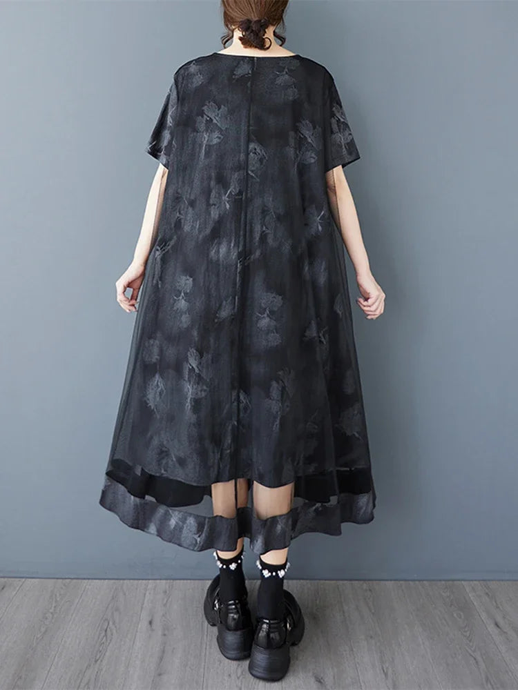 XITAO Loose Mesh Patchwork Print Female Dress Fashion Elegant Trend A-line Women Short Sleeve O-neck Pullover Dress ZMY1250