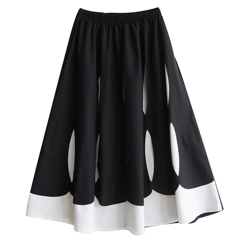 XITAO Patchwork Elastic Waist Female Skirt Casual A-line Loose Hollow Out Fitting Korea Mid-calf Spring Women Skirt GYX1550