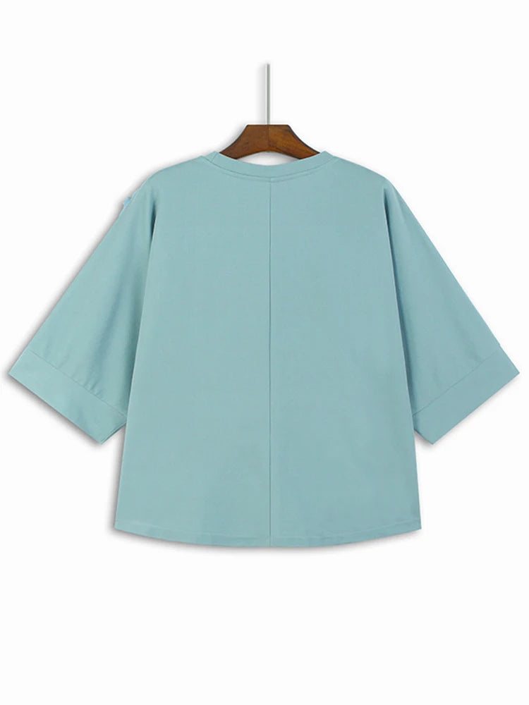 XITAO Three-dimensional Decoration Floral T-shirt O-neck Half Sleeve Solid Color Personality Casual Loose T-shirt Top LYD1892