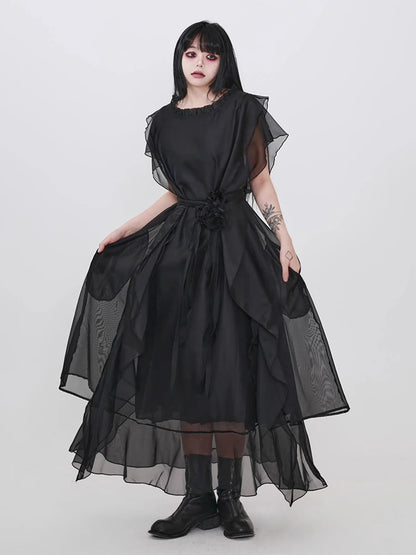 XITAO Gauze Patchwork Pullover Dress Short Sleeve Solid Color Loose O-neck Slim Solid Color All Match Temperament Dress ZMY1392