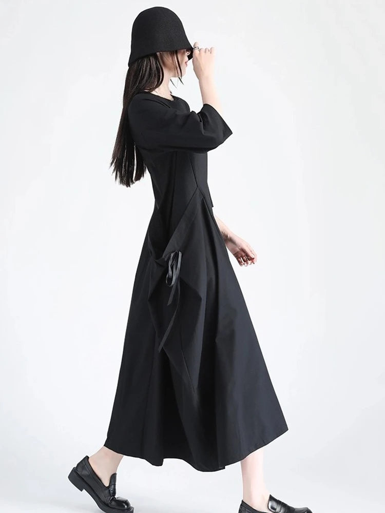 XITAO Pocket Patchwork Bandage Solid Color Dress O-neck Pullover Loose Half Sleeve Ankle-length Slim Temperament Dress HQQ2514