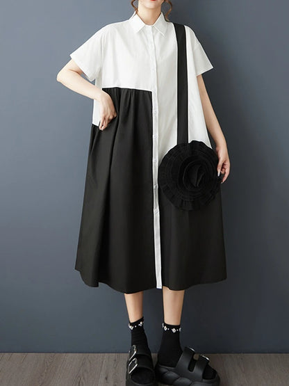 XITAO Patchwork Contrast Color Women Dress Casual Turn-down Collar Sweet Short Sleeve Temperament Summer Female Dress ZMY1361