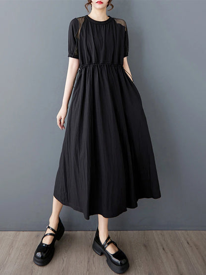 XITAO O-neck Short Sleeve Patchwork Dress Loose Simple Temperament Drawstring Women Solid Color Vintage Summer Dress ZMY1215