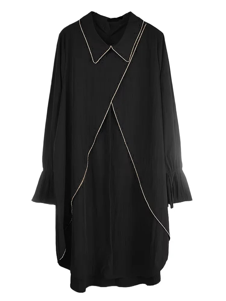 XITAO Asymmetrical Split Turn-down Collar Dress Long Sleeve Patchwork Pullover Hong Kong Loose Temperament Dress GYX1521